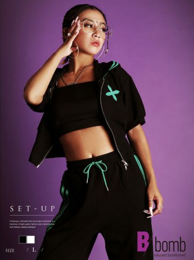 SALE￥4378→￥2626！ パカー2点セットセットアップ ストリート系【B/bomb】(L)(ブラック/ホワイト)