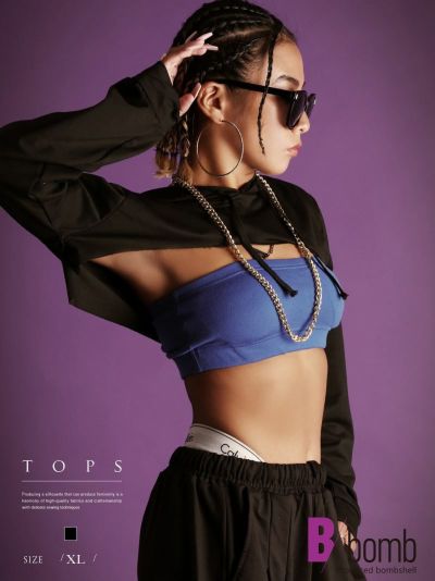 【SALE!￥1518→￥759】スーパークロップドフーディーへそ出しショート丈パーカー ストリート系【B/bomb】(XL)(ブラック)