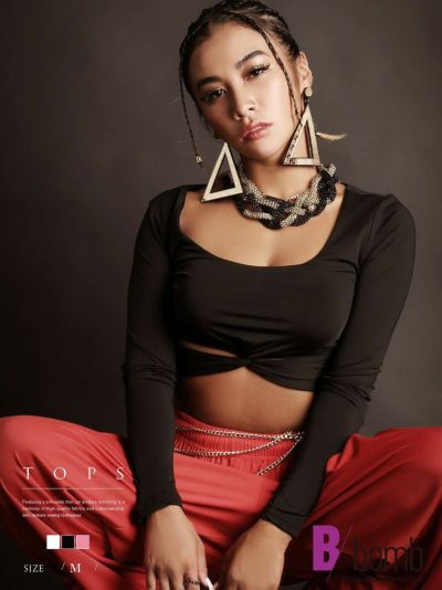 SALE￥1518→￥759！ 無地sexyショート丈長袖カットソー ストリート系【B/bomb】(M)(ブラック/ホワイト/ピンク)