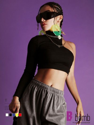 【SALE!￥1518→￥759】インポート風sexy変形無地カットソー ストリート系【B/bomb】(M)(ブラック/ホワイト/イエロー/ブルー/レッド)