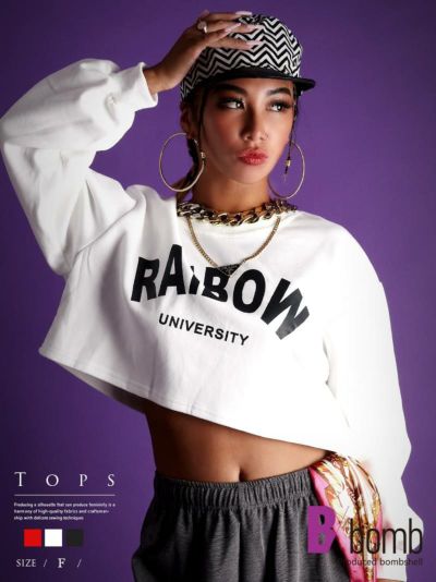 SALE￥1738→￥869！ ショート丈英字プリントスウェットトップス ストリート系【B/bomb】(フリーサイズ)(ブラック/ホワイト/レッド)