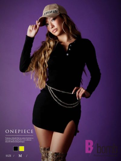 SALE￥2178→￥1089！ 襟付きスーパーミニワンピース美脚 ストリート系【B/bomb】(M)(ブラック/イエロー)