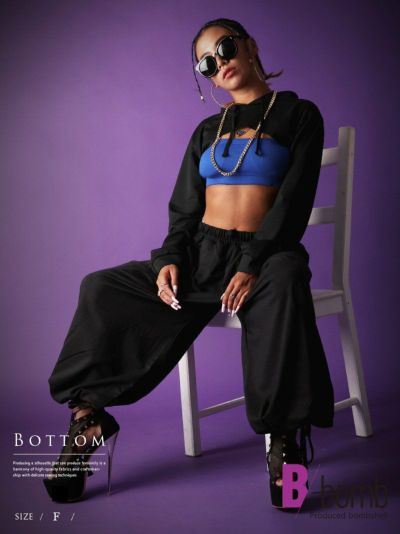 【SALE!￥1958→￥979】2wayダボダボスウェットボトムス ストリート系【B/bomb】(フリーサイズ)(ブラック)