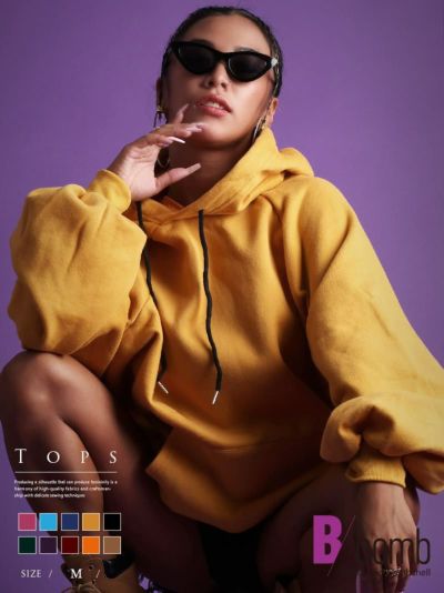 裏起毛ビックシルエットフーディー ストリート系【B/bomb】(M)(ブラック/グレー/ホワイト/イエロー/ピンク/レッド/オレンジ/グリーン/ベージュ/スカイブルー/ブルー/パープル)