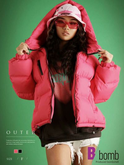 ビッグサイズ中綿ダウンカラーアウター ストリート系【B/bomb】(フリーサイズ)(ブラック/チェリーピンク)