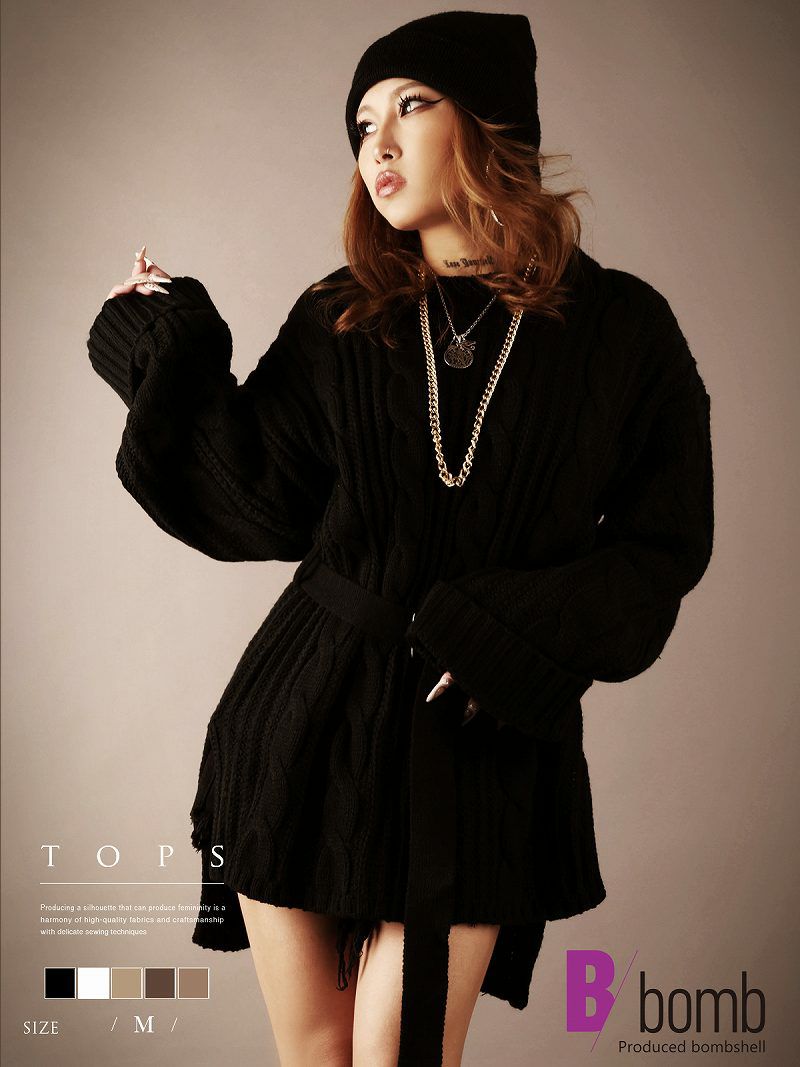 ベルト付きざっくりオーバーサイズニットワンピース