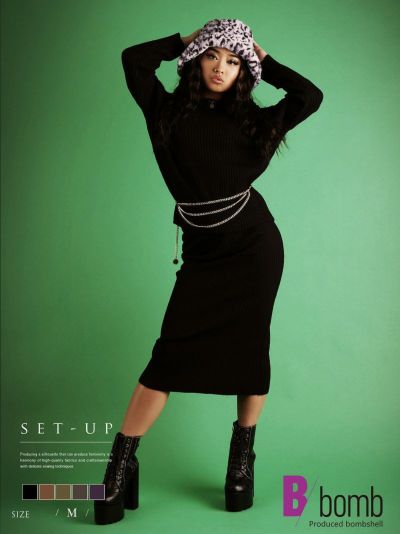 ニットセットアップ縦リブニットワンピース ストリート系【B/bomb】(M/L)(ブラック/モカ/チャコールグレー/パープル/カーキ)