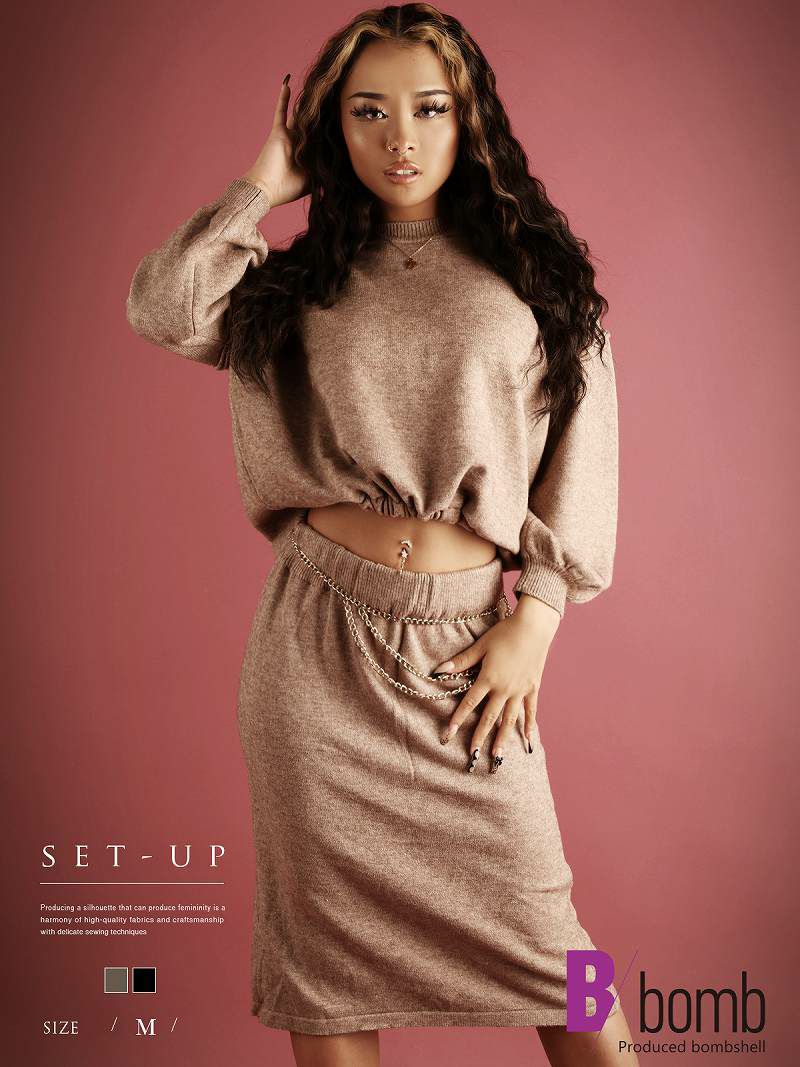 ニットセットアップあったか膝丈スカート長袖トップス