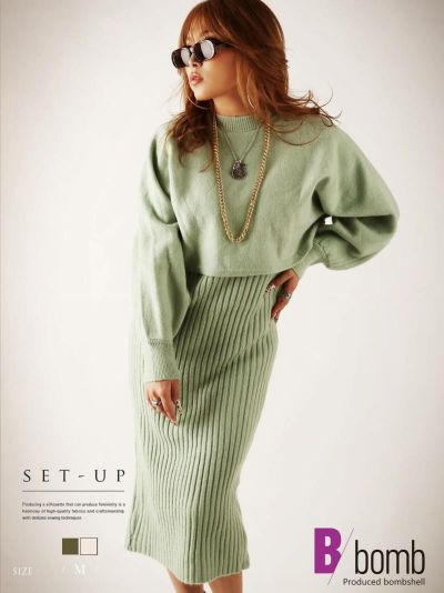 2点セットニットワンピースドルマントップスセットアップ ストリート系【B/bomb】(M)(グリーン/アイボリー)