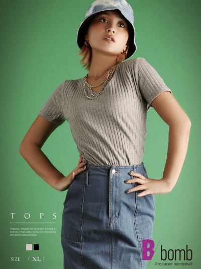 透けない二枚仕立てリブTシャツ  ストリート系【B/bomb】(XL)(杢グレー（Ｖ首）/ブラック（U首）/ネイビー（U首）)