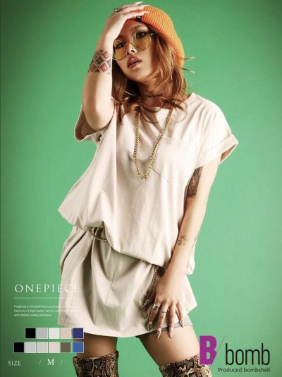 オーバーサイズコクーンシルエットTシャツワンピース ストリート系【B/bomb】(M-L)(ブラック（U）/ダークブルー（U）/カーキ（U）/グレーベージュ（U）/オートミール（U）/ブラック（V）/ネイビー（V）/グレー（V）/