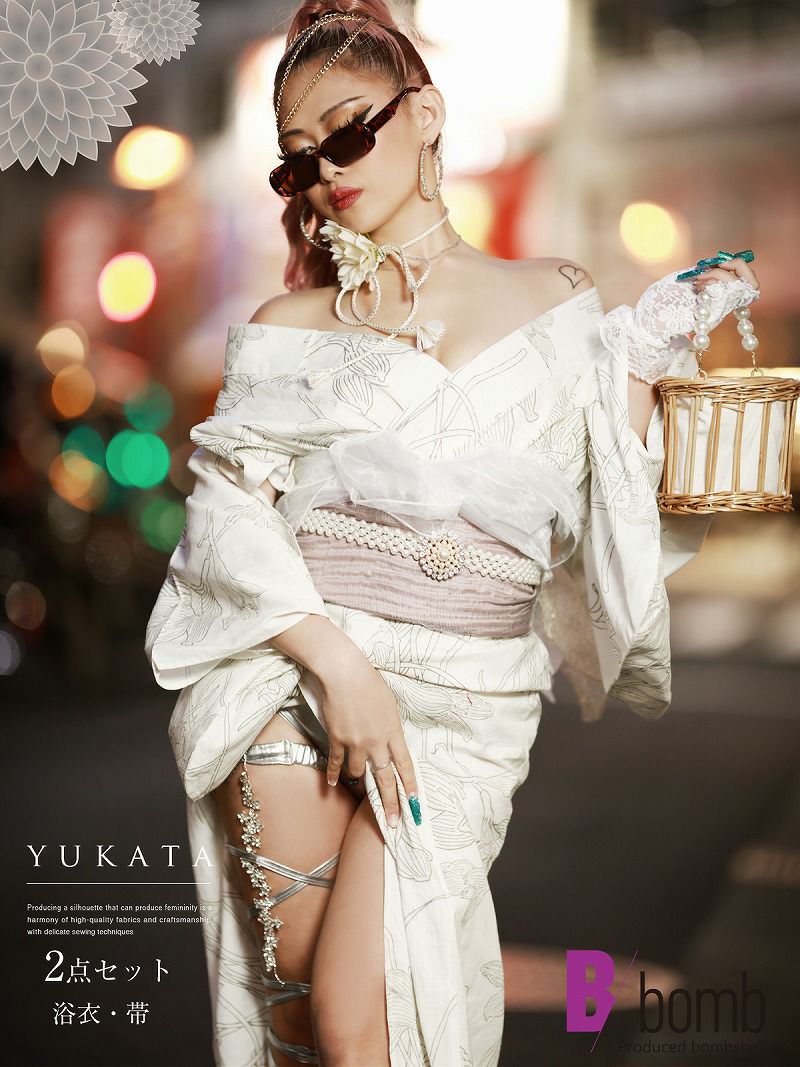 浴衣 百合柄白地ゆかた花柄レディース浴衣