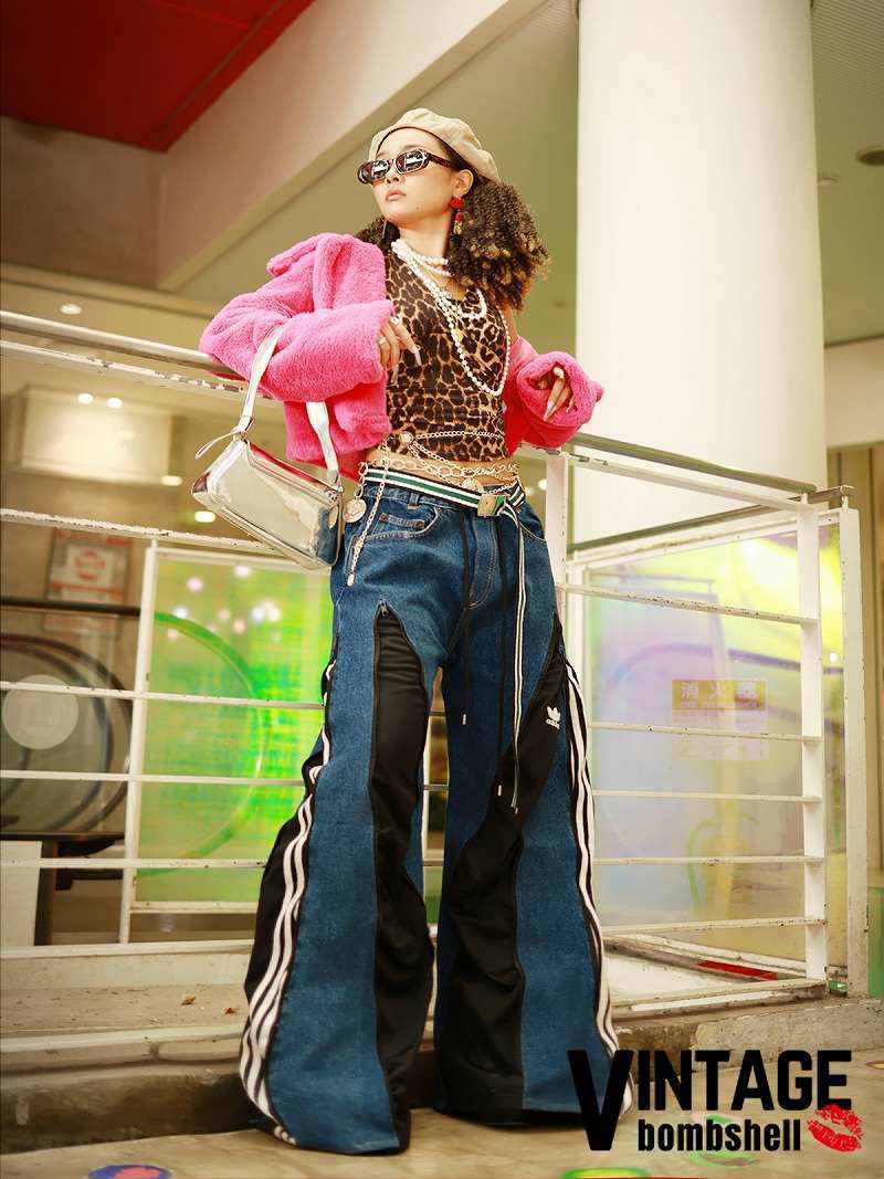 濃紺デニム×adidasブラック3本ライン再構築ワイド【Bbヴィンテージ】