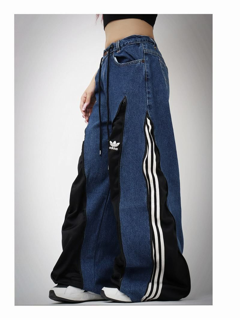 濃紺デニム×adidasブラック3本ライン再構築ワイド【Bbヴィンテージ