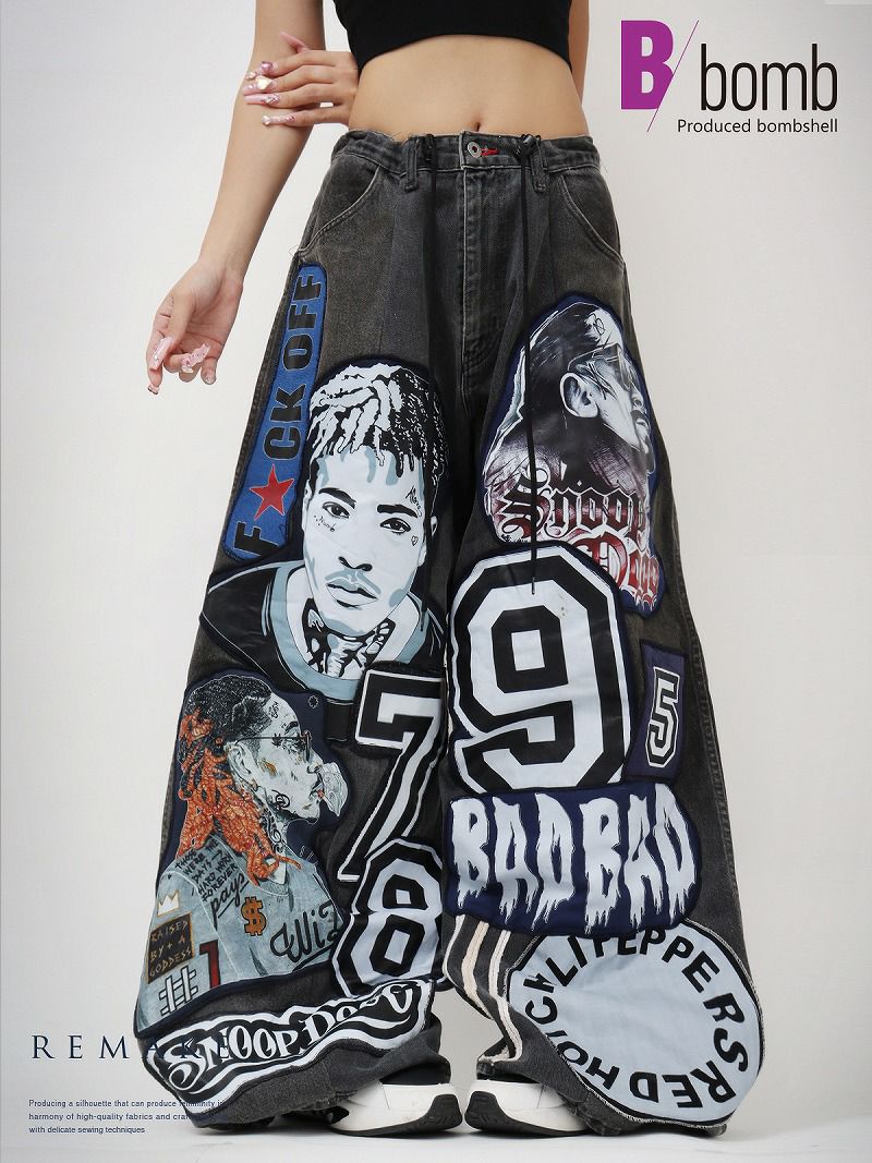 Hiphopパッチワークナンバリング再構築ワイドデニム【Bbヴィンテージ】