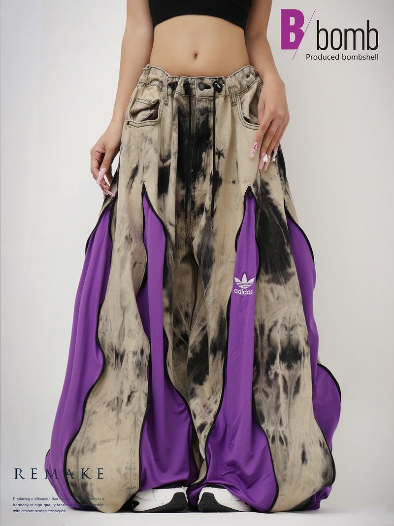 タイダイ柄デニム×パープルadidas再構築バルーンパンツ【Bbヴィンテージ】
