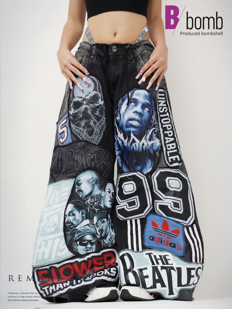 Hiphop＆ロゴパッチワーク再構築ワイドデニム【Bbヴィンテージ】