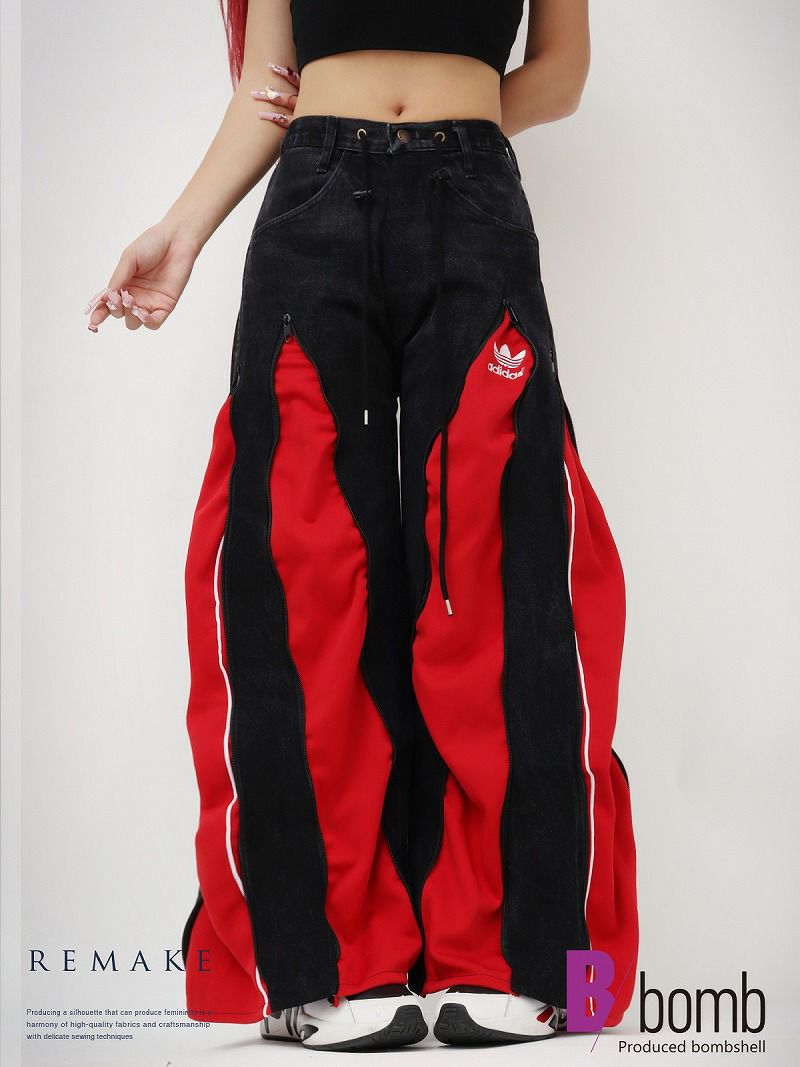 リメイクadidas 4ジッパーデニムワイドパンツ 黒/赤 S 101150 アディダスレッドジャージドッキング再構築ワイドデニム【Bb