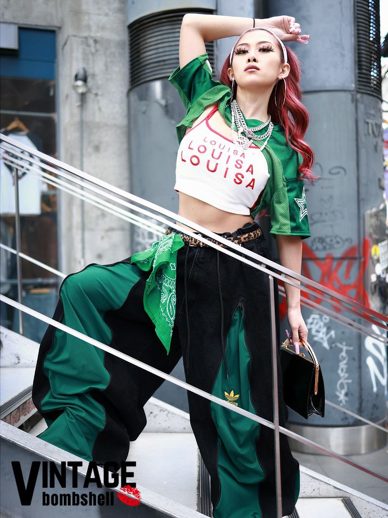 アディダスグリーン×ブラック再構築4ジッパーワイドバギーデニム【Bbヴィンテージ】