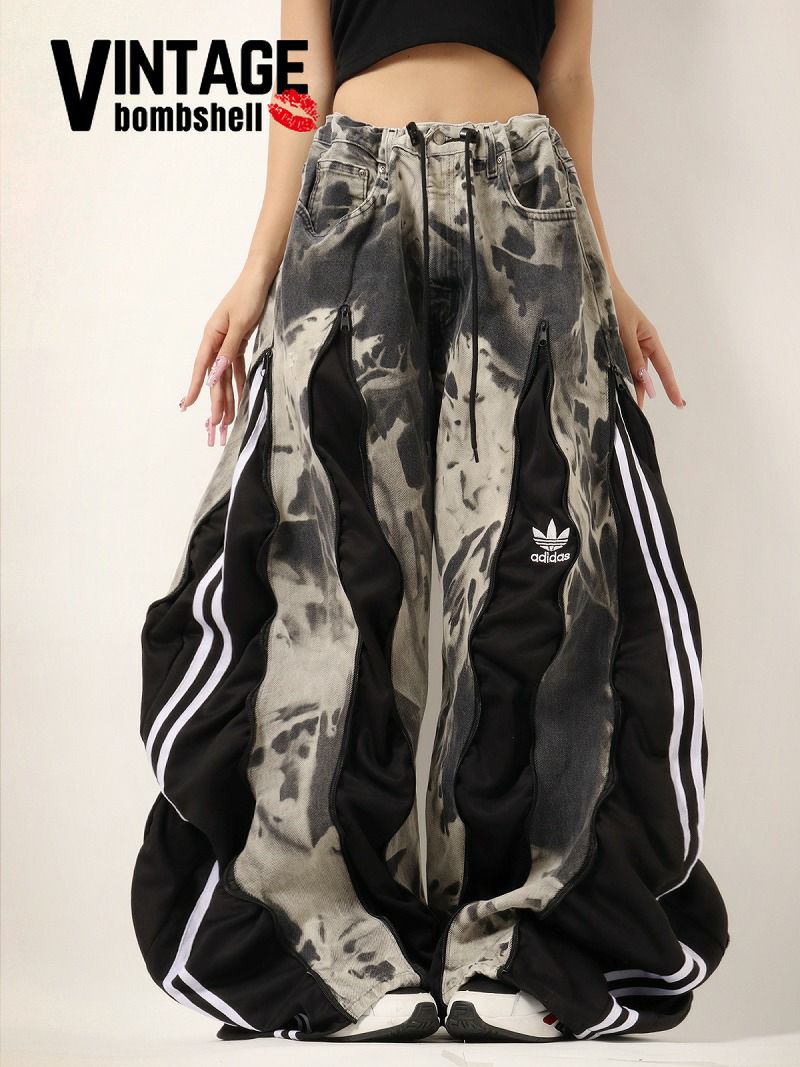 【一点もの】タイダイブリーチ×adidasサイドライン4ジッパー再構築デニム【Bbヴィンテージ】