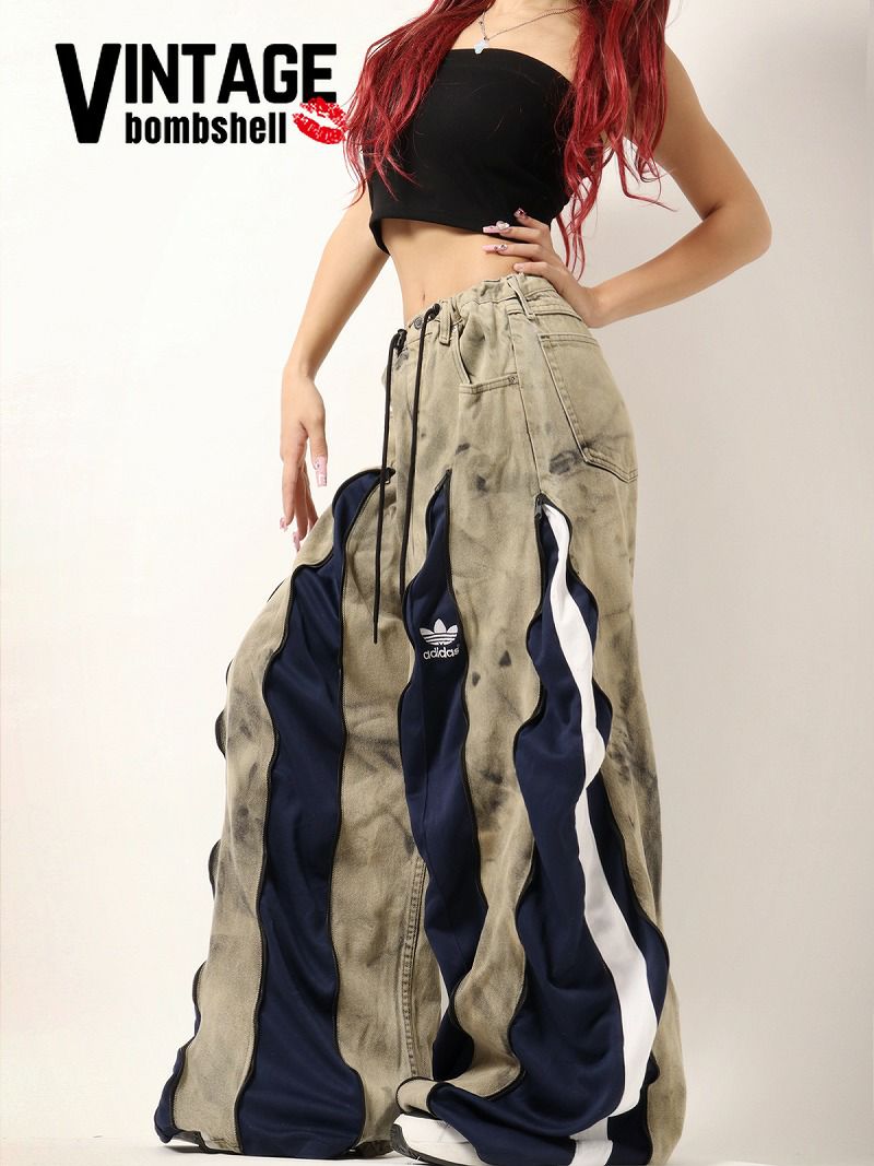 【一点もの】ブリーチデニム×ネイビーadidas再構築ウェーブバギーパンツ【Bbヴィンテージ】