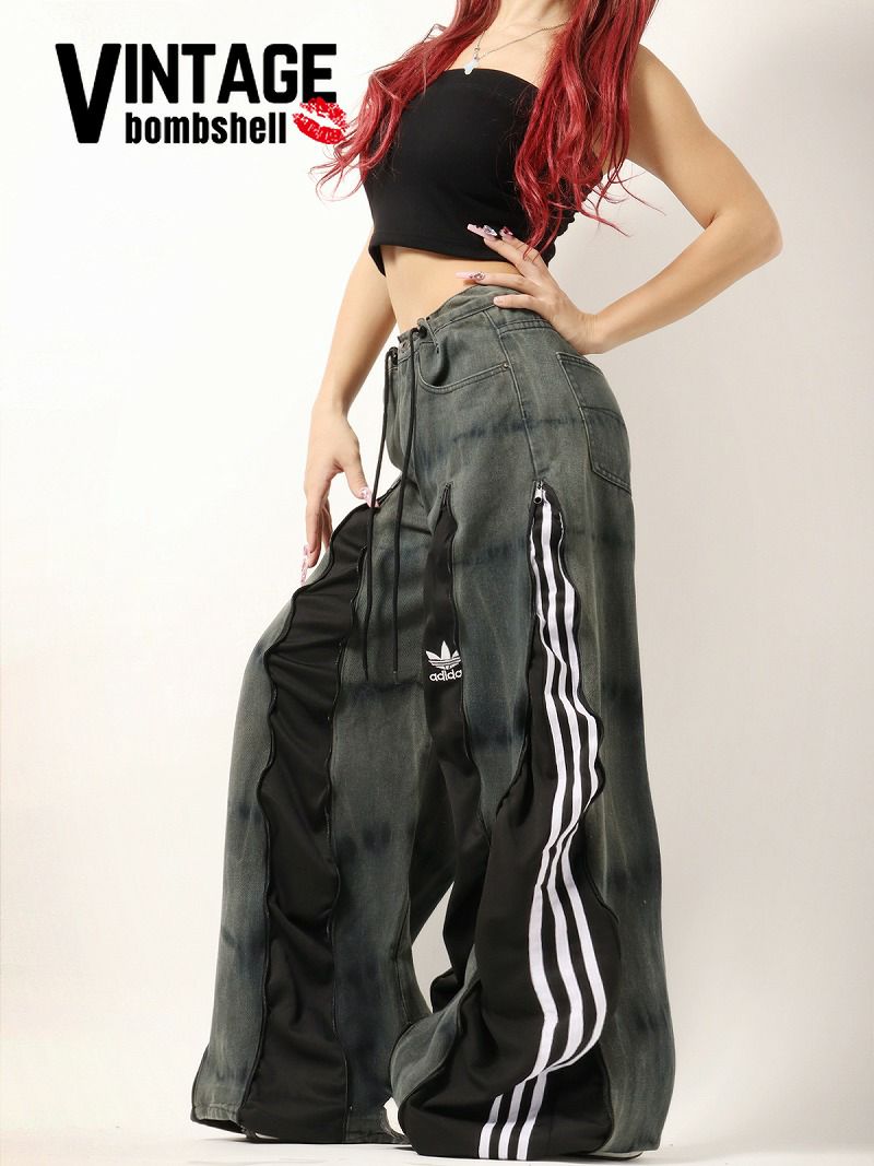【4ジッパー】タイダイ柄×3ストライプadidas再構築ワイドバギーパンツ【Bbヴィンテージ】