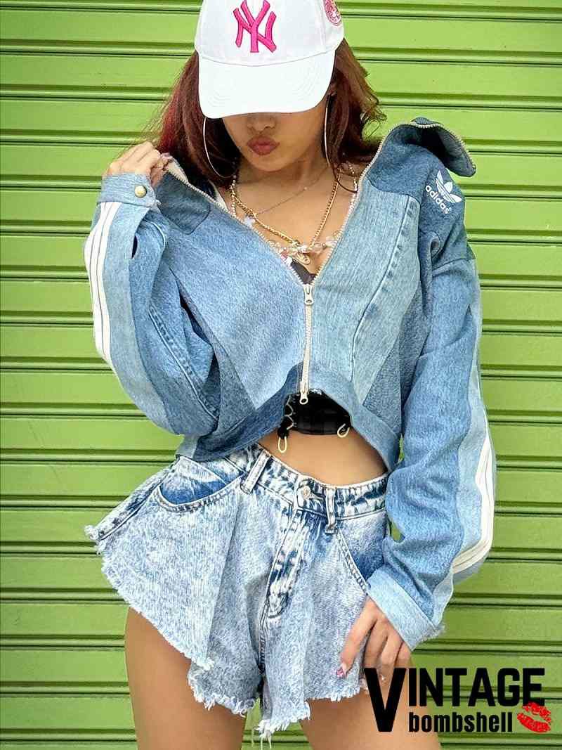 ブルーデニムパッチワーク再構築オーバーサイズGジャン【Bbヴィンテージ】