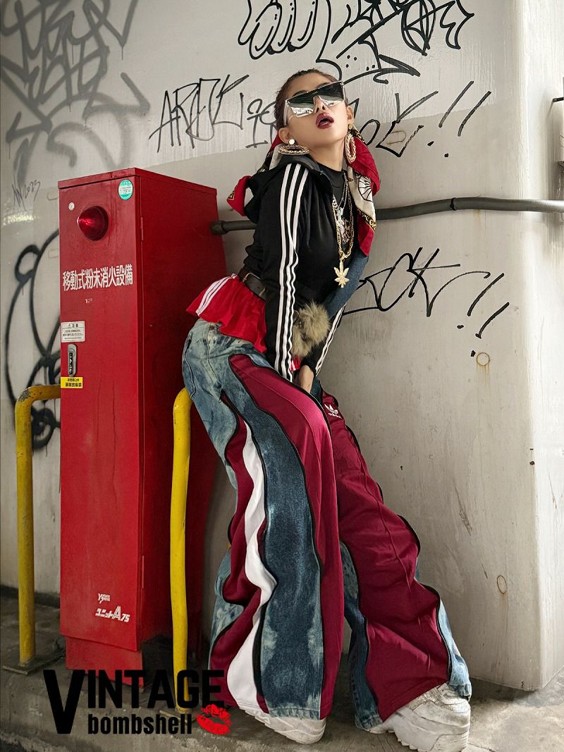 タイダイデニム×赤ラインadidas再構築ワイドパンツ【Bbヴィンテージ