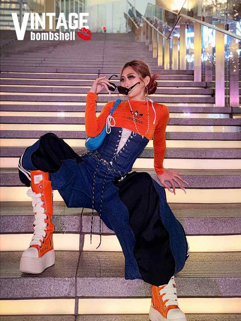 adidas黒ジャージドッキング再構築スリットデニムワイドパンツ【Bbヴィンテージ】