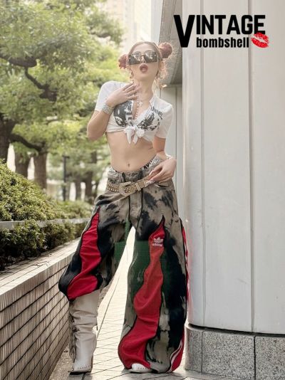 adidasロゴテープ×4ジッパー再構築カスタムワイドデニム【Bb