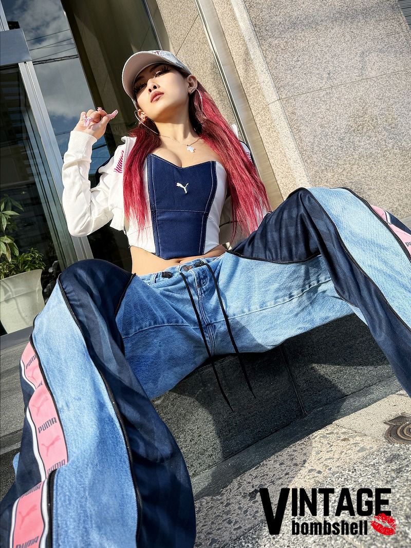 PUMAピンクライン×再構築4ジッパーリメイクワイドデニム【Bb