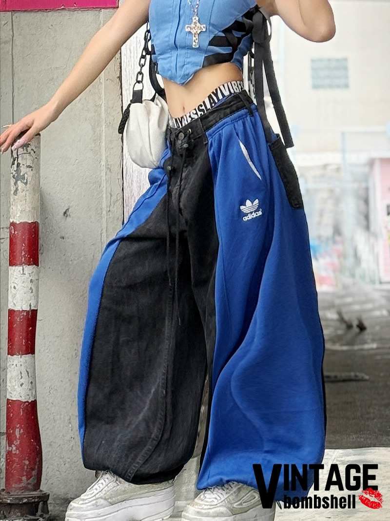 タイダイデニム×ブラックadidas再構築4ジッパーワイドパンツ【Bb