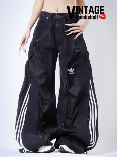 タイダイ染め×ブラックゴールドadidas再構築4ジッパーワイドパンツ【Bb