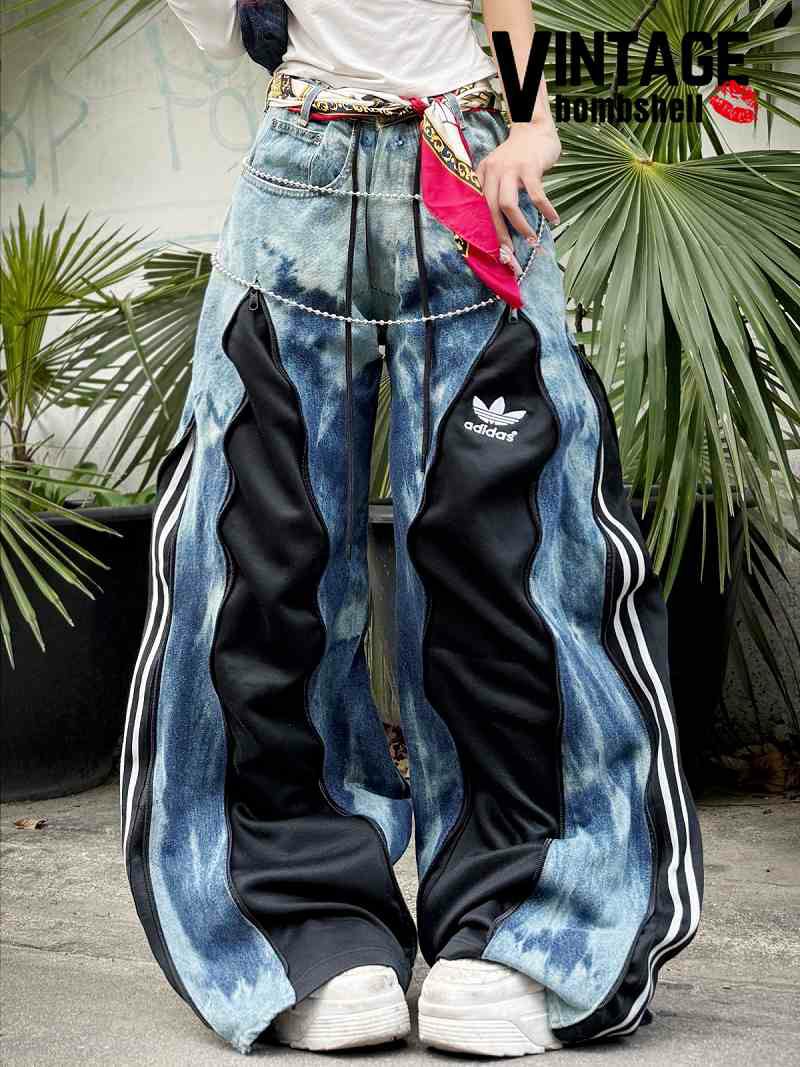 ブルータイダイ×ブラックadidasドッキング4ジッパー再構築ワイドパンツ【Bbヴィンテージ】