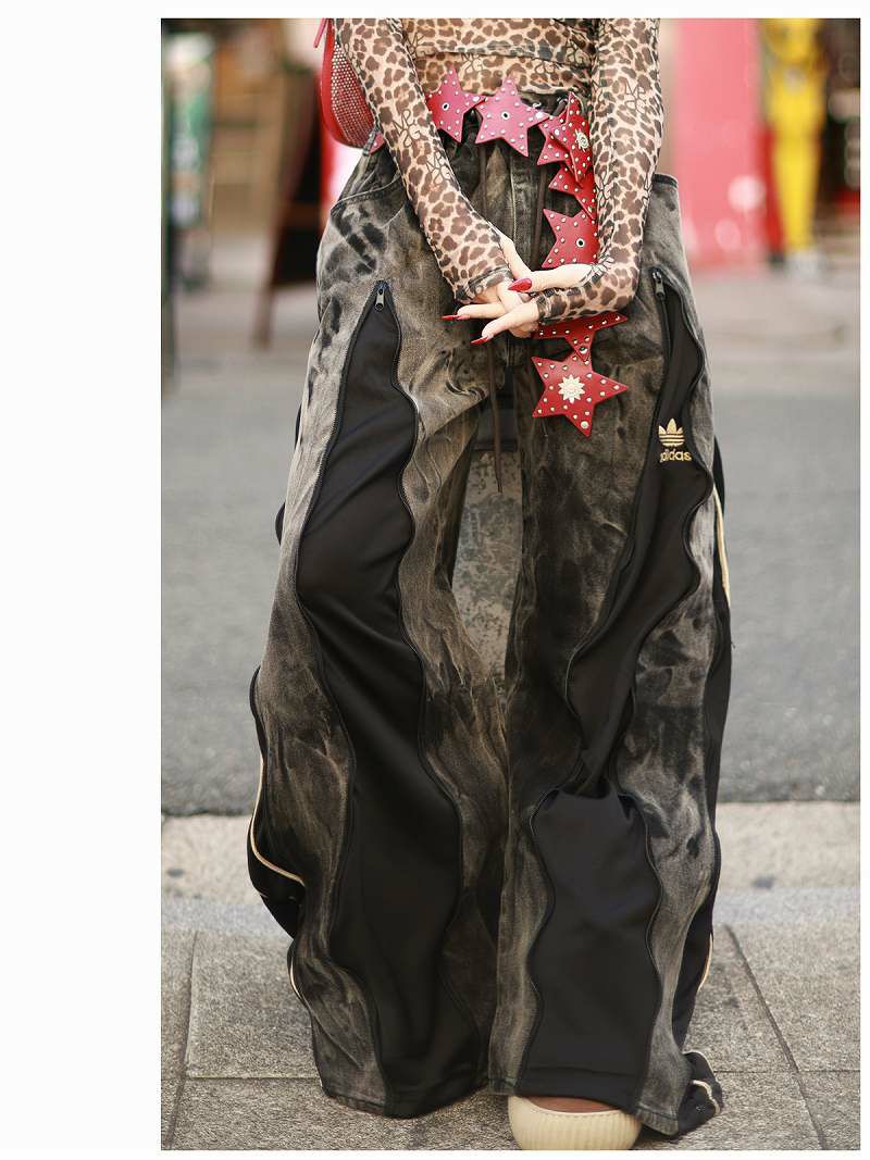 タイダイ染め×ブラックゴールドadidas再構築4ジッパーワイドパンツ【Bb