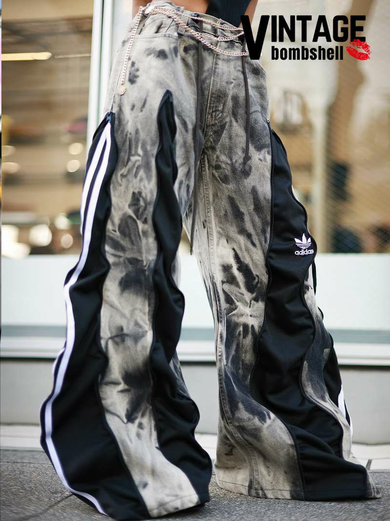 タイダイ染め×ブラックホワイトadidas再構築4ジッパーワイドパンツ【Bbヴィンテージ】