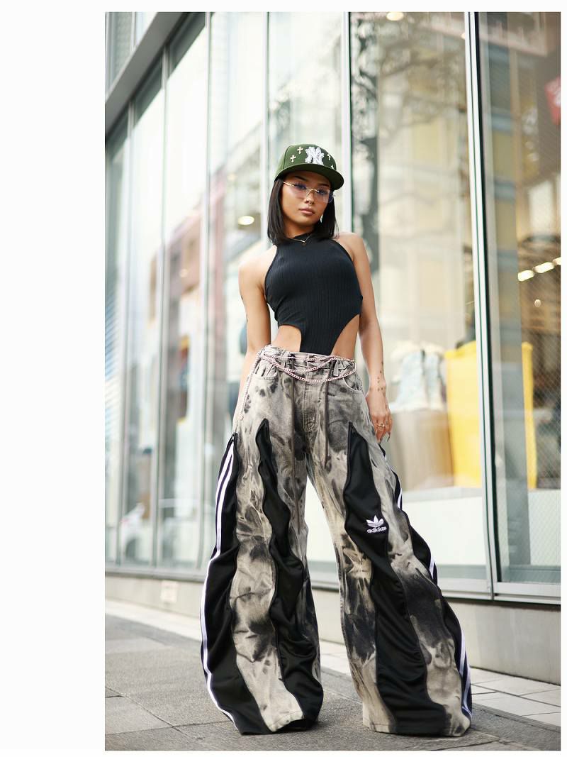 タイダイ染め×ブラックホワイトadidas再構築4ジッパーワイドパンツ【Bb