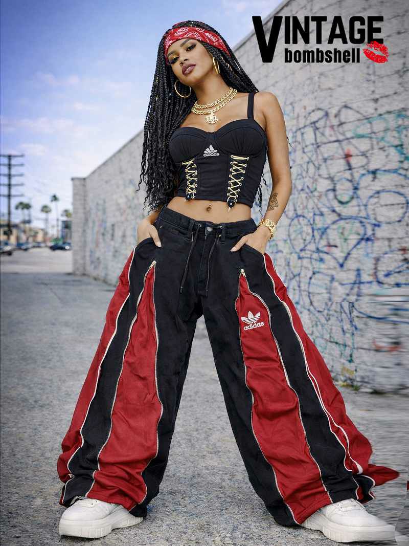 ワインレッドadidasドッキング4ジッパー再構築ワイドデニム【Bbヴィンテージ】