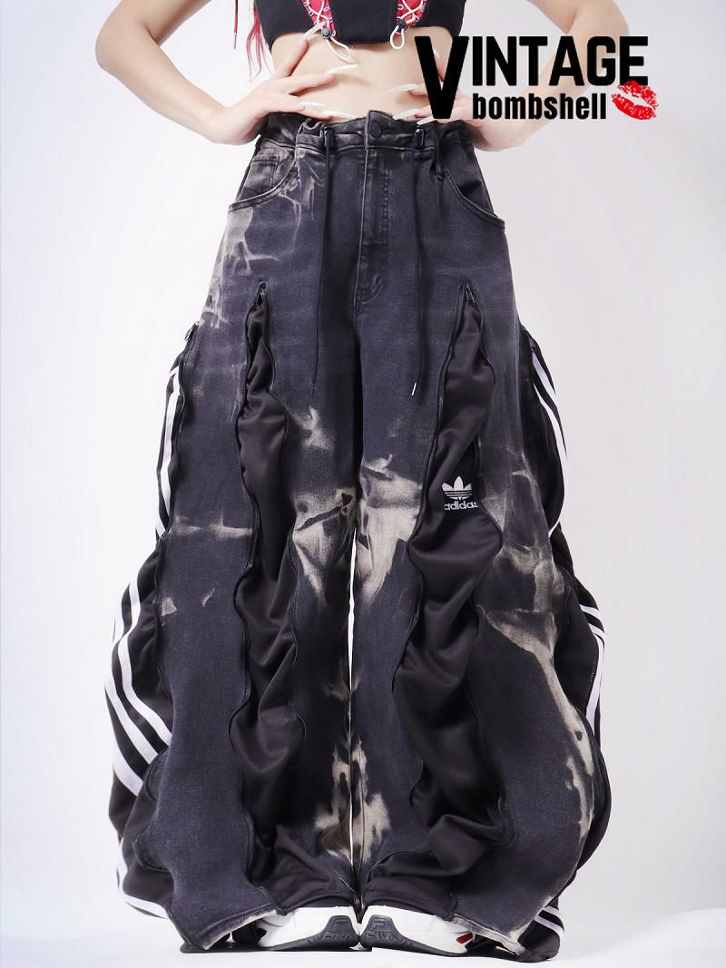 タイダイデニム×ブラックadidas再構築4ジッパーワイドパンツ【Bb