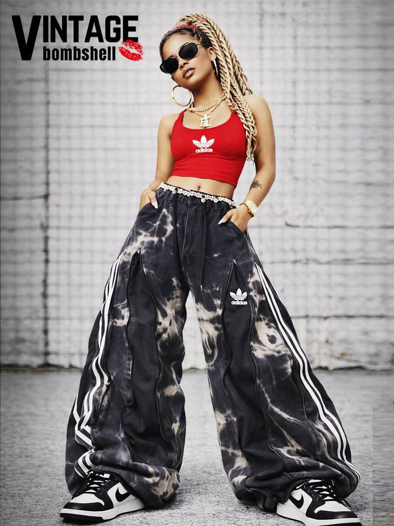 タイダイデニム×ブラックadidas再構築4ジッパーワイドパンツ【Bb