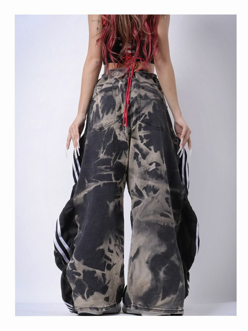 タイダイデニム×ブラックadidas再構築4ジッパーワイドパンツ【Bb