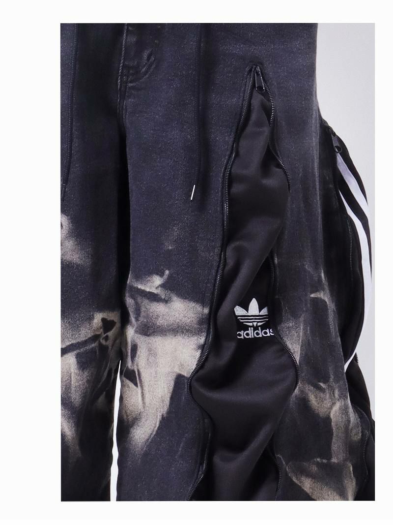 タイダイデニム×ブラックadidas再構築4ジッパーワイドパンツ【Bb